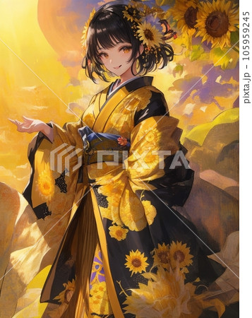 向日葵の着物を着た女性 向日葵の着物を着た女性 105959245