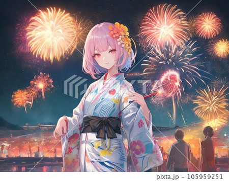 花火を見る浴衣の女性 105959251