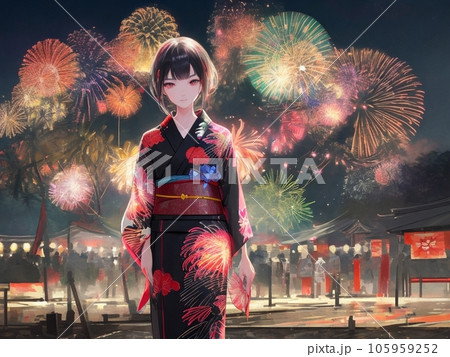 花火を見る浴衣の女性 105959252