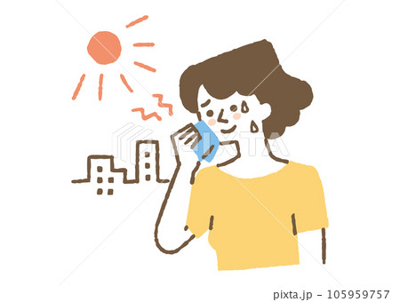 外の暑さで汗をかいている女性_色 105959757