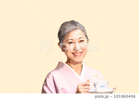 着物を着て紅茶を飲むグレイヘアの中年女性 着物を着て紅茶を飲むグレイヘアの中年女性 105960406