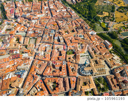 Panoramic view from the drone on the city Palencia. Panoramic view from the drone on the city Palencia. 105961193