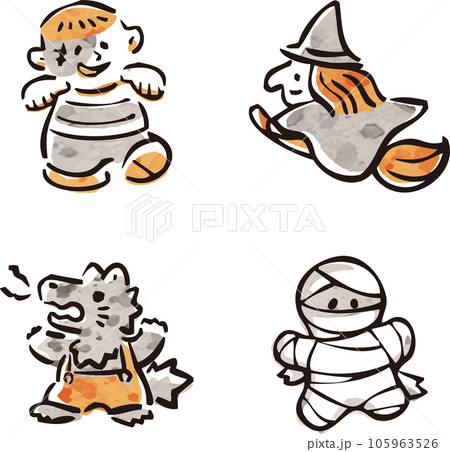 アイコン　あしらい　手描き　ハロウィン　飾り　かわいい　ゆるい　シンプル　イラスト素材セット 105963526