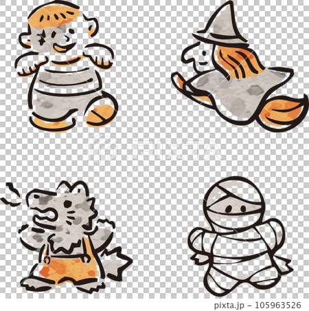アイコン　あしらい　手描き　ハロウィン　飾り　かわいい　ゆるい　シンプル　イラスト素材セット 105963526