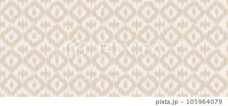 Seamless beige ikat pattern. Ethnic diamond monochrome repeating background. Ornamental tribal fabric and textile swatch print design. Vector light asian folk abstract wallpaper Seamless beige ikat pattern. Ethnic diamond monochrome repeating background. Ornamental tribal fabric and textile swatch print design. Vector light asian folk abstract wallpaper 105964079