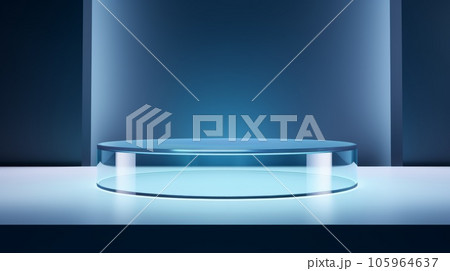 Blue Glass Abstract Minimalistic Product Podium. The Scene for Product Presentation. 3D Room with Geometric Platform Stage Pedestal. Ai Generated Podium Mockup for a Product advertisement. 105964637