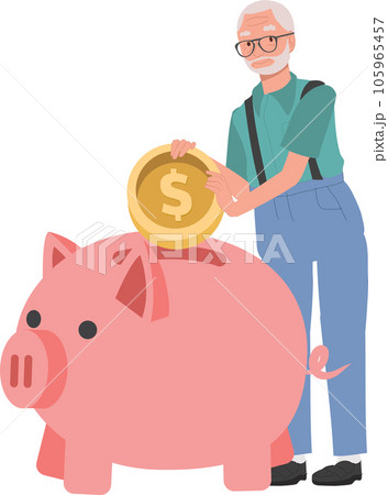 Retirement Savings Concept. Happy Elderly man Collecting Money in Piggy Bank. Retirement Savings Concept. Happy Elderly man Collecting Money in Piggy Bank. 105965457