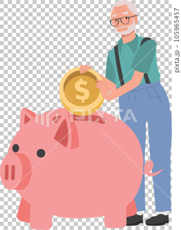 Retirement Savings Concept. Happy Elderly man Collecting Money in Piggy Bank. Retirement Savings Concept. Happy Elderly man Collecting Money in Piggy Bank. 105965457