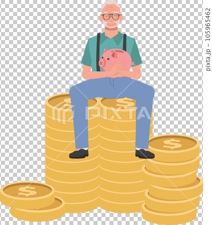 Financial Success. Happy Elderly man Holding Piggy Bank Sitting on Coin Stack. Financial Success. Happy Elderly man Holding Piggy Bank Sitting on Coin Stack. 105965462