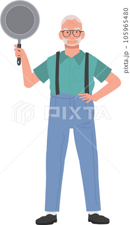 Joyful Grandpa Holding Pan. Confident Senior man with Cooking skill. Joyful Grandpa Holding Pan. Confident Senior man with Cooking skill. 105965480