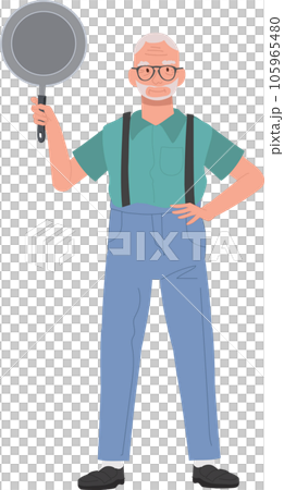 Joyful Grandpa Holding Pan. Confident Senior man with Cooking skill. Joyful Grandpa Holding Pan. Confident Senior man with Cooking skill. 105965480