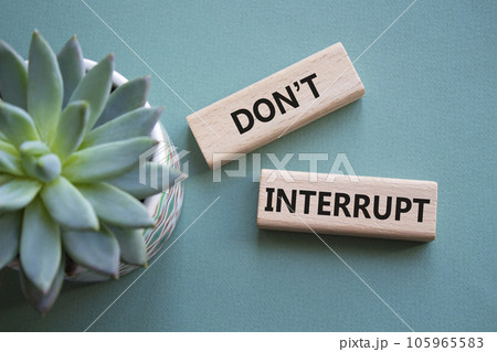 Dont interrupt symbol. Concept word Dont interrupt on wooden blocks. Beautiful grey green background with succulent plant. Business and Dont interrupt concept. Copy space Dont interrupt symbol. Concept word Dont interrupt on wooden blocks. Beautiful grey green background with succulent plant. Business and Dont interrupt concept. Copy space 105965583