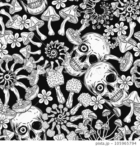 Pattern with human skull, mushrooms, chamomiles, eyeballs. Fractal, spiral ornament. Concept of madness and craziness. Surreal illustration for groovy, mystical, psychedelic design 105965794