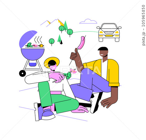 BBQ spot isolated cartoon vector illustrations. Smiling couple spending time in the nature, preparing BBQ, people lifestyle, adventure with a van, romantic road trip vector cartoon. BBQ spot isolated cartoon vector illustrations. Smiling couple spending time in the nature, preparing BBQ, people lifestyle, adventure with a van, romantic road trip vector cartoon. 105965850