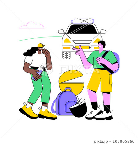 Packing for the trip isolated cartoon vector illustrations. Group of friends pack bags and barbeque grill machine for road trip, people lifestyle, travel preparation vector cartoon. 105965866