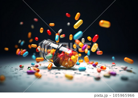 pills and capsules falling bottle on ground, AI generated. 105965966
