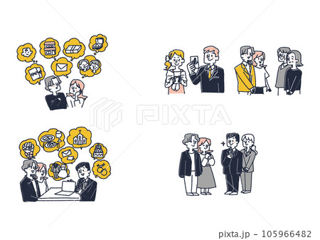 結婚式の準備をしている新郎新婦のイラストセット 105966482