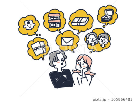 結婚するときに考えることがたくさんある様子のイラストセット 結婚するときに考えることがたくさんある様子のイラストセット 105966483