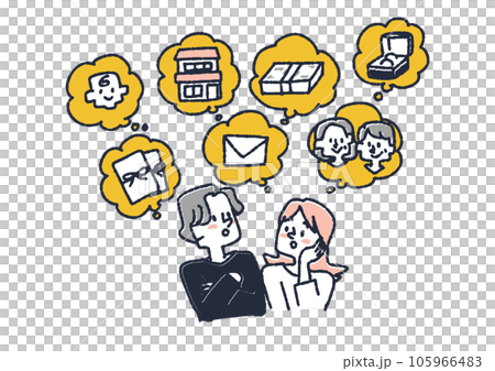 結婚するときに考えることがたくさんある様子のイラストセット 結婚するときに考えることがたくさんある様子のイラストセット 105966483