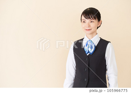 ベストにリボンタイの制服を着た、受付業務、事務業務の女性 ベストにリボンタイの制服を着た、受付業務、事務業務の女性 105966775