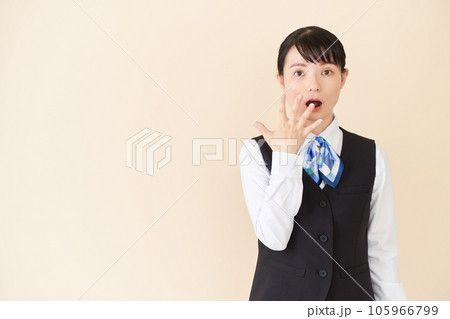 驚くポーズをするベストにリボンタイの制服を着た、受付業務、事務業務の女性 驚くポーズをするベストにリボンタイの制服を着た、受付業務、事務業務の女性 105966799