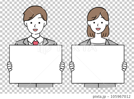 男性和女性商務人士微笑著拿著白板的插圖 男性和女性商務人士微笑著拿著白板的插圖 105967012