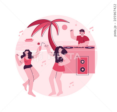 Beach party abstract concept vector illustration. Sand dance floor, beach party invite, open air, summer event, all inclusive, cocktails on sunset, vacation, girls in sweamsuit abstract metaphor. 105967422