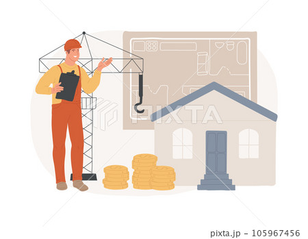 Property development isolated concept vector illustration. Real estate development, buying property, cranes on construction site, residential building, new house, investors team vector concept. 105967456