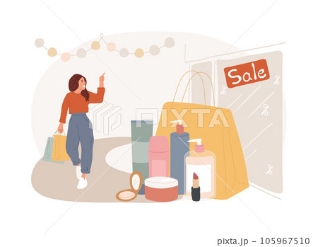 Beauty shop isolated concept vector illustration. Cosmetic store, hair and skin care products purchase, gift card, shopaholic, fashion market, makeup salon, black Friday sale vector concept. Beauty shop isolated concept vector illustration. Cosmetic store, hair and skin care products purchase, gift card, shopaholic, fashion market, makeup salon, black Friday sale vector concept. 105967510