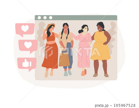 Plus size models isolated concept vector illustration. Big size agency models, body positive fashion, plus-size clothing modeling, advertising campaign, casting, brand promotion vector concept. 105967528