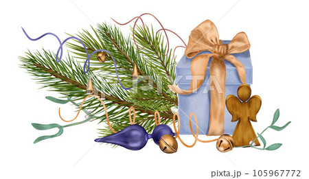 Composition of gift boxs, Christmas decorations digital illustration watercolor style isolated on white. Pine branch, wooden angel hand drawn. Element for holiday, 2024 new year greeting design 105967772