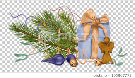 Composition of gift boxs, Christmas decorations digital illustration watercolor style isolated on white. Pine branch, wooden angel hand drawn. Element for holiday, 2024 new year greeting design 105967772
