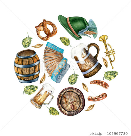 Circle of wooden barrel, pint of beer, German hat, accordion watercolor illustration isolated on white. Pretzel, trumpet, beer, hops hand drawn. Design for beer festival, mat, wrapping, sticker Circle of wooden barrel, pint of beer, German hat, accordion watercolor illustration isolated on white. Pretzel, trumpet, beer, hops hand drawn. Design for beer festival, mat, wrapping, sticker 105967780