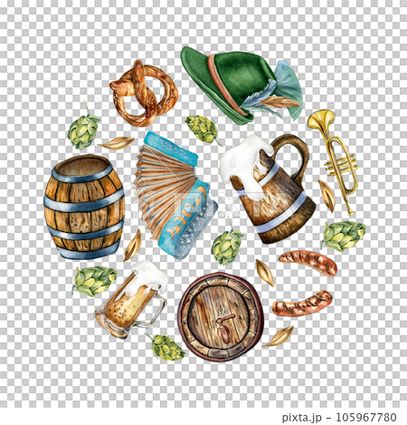 Circle of wooden barrel, pint of beer, German hat, accordion watercolor illustration isolated on white. Pretzel, trumpet, beer, hops hand drawn. Design for beer festival, mat, wrapping, sticker Circle of wooden barrel, pint of beer, German hat, accordion watercolor illustration isolated on white. Pretzel, trumpet, beer, hops hand drawn. Design for beer festival, mat, wrapping, sticker 105967780
