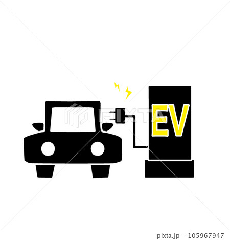 電気自動車をイメージしたイラスト。EV車と充電場所を知らせるマーク 105967947