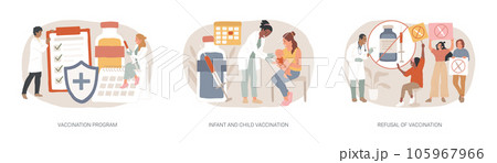 Mandatory immunization isolated concept vector illustration set. Vaccination program for Infant and child, refusal of vaccination, childhood infectious diseases, public healthcare vector concept. Mandatory immunization isolated concept vector illustration set. Vaccination program for Infant and child, refusal of vaccination, childhood infectious diseases, public healthcare vector concept. 105967966