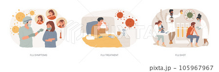Flu season isolated concept vector illustration set. Flu infection symptoms, influenza treatment and shot, intensive therapy, fever and cough, virus infection remedy, public health vector concept. 105967967