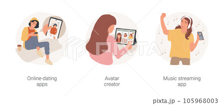 Teenager using apps isolated cartoon vector illustration set. Teen use online-dating app, portrait on smartphone screen, avatar creator, music streaming application, wear headphones vector cartoon. Teenager using apps isolated cartoon vector illustration set. Teen use online-dating app, portrait on smartphone screen, avatar creator, music streaming application, wear headphones vector cartoon. 105968003