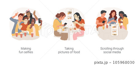 Teenagers and social media isolated cartoon vector illustration set. Diverse teens making fun selfies, taking pictures of food, scrolling through social media, smartphone addiction vector cartoon. Teenagers and social media isolated cartoon vector illustration set. Diverse teens making fun selfies, taking pictures of food, scrolling through social media, smartphone addiction vector cartoon. 105968030
