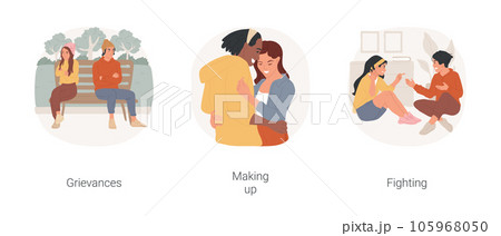 Teenage couple problems isolated cartoon vector illustration set. Two teens having grievances, looking in different directions, making up after fighting, quarrel, couple conflict vector cartoon. Teenage couple problems isolated cartoon vector illustration set. Two teens having grievances, looking in different directions, making up after fighting, quarrel, couple conflict vector cartoon. 105968050