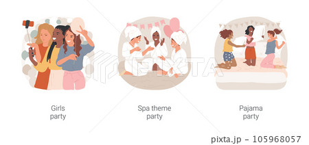 Ladies night isolated cartoon vector illustration set. Teenage girls making selfie, spa theme party, making cosmetic procedures, teens having fun in pajamas, pillow fight, celebrate vector cartoon. 105968057