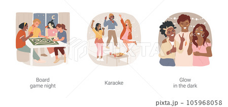 Teen celebration isolated cartoon vector illustration set. Board game night, diverse teens sitting at table, teenagers singing karaoke, glow in the dark party, painted faces vector cartoon. 105968058