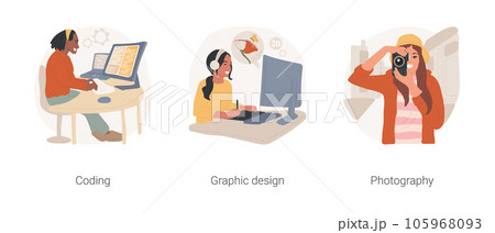 Modern hobby isolated cartoon vector illustration set. Teen boy programming and coding, graphic design, teenage girl drawing using tablet, digital photography, taking pictures vector cartoon. 105968093