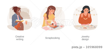 Art hobbies isolated cartoon vector illustration set. Creative writing hobby, girl making scrapbooking album, hands on activity, jewelry design, hand made accessories vector cartoon. 105968099