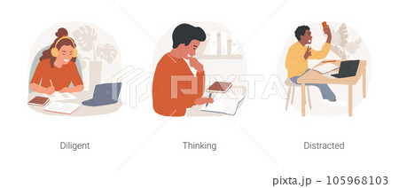 Teenager study at home isolated cartoon vector illustration set. Focused teenage girl writing notes, diligent student, concentrated boy doing homework, distracted teen take selfie vector cartoon. Teenager study at home isolated cartoon vector illustration set. Focused teenage girl writing notes, diligent student, concentrated boy doing homework, distracted teen take selfie vector cartoon. 105968103