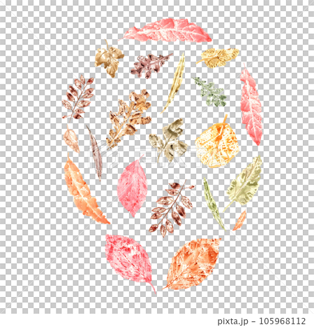 Round dance of autumn dry leaves isolated on white background. Colorful fall leaves imprints. Watercolor illustration of leaf silhouettes for posters, texture, frame, cards Round dance of autumn dry leaves isolated on white background. Colorful fall leaves imprints. Watercolor illustration of leaf silhouettes for posters, texture, frame, cards 105968112