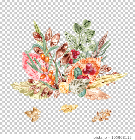 Autumn dry leaves and ripe cranberries. Colorful leaves imprints and red berries. Composition isolated on white background. Watercolor illustration for prints, cards design, texture Autumn dry leaves and ripe cranberries. Colorful leaves imprints and red berries. Composition isolated on white background. Watercolor illustration for prints, cards design, texture 105968113