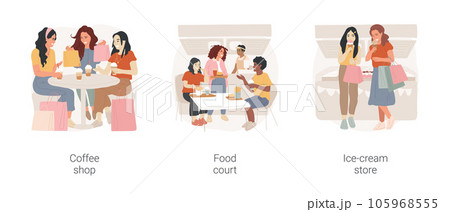 Leisure time in shopping mall isolated cartoon vector illustration set. Girls with shopping bags at coffee shop, teens at mall food court, standing near ice-cream store, hanging out vector cartoon. 105968555