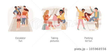 Hanging out in a shopping mall isolated cartoon vector illustration set. Teens having fun at mall escalator, making selfie on bench, teenage friends riding cart on parking lot vector cartoon. 105968556