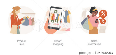 Smart retail isolated cartoon vector illustration set. Teen girl scanning product qr code in store, smart shopping, augmented reality in retail, sales info, promo code, mall app vector cartoon. 105968563